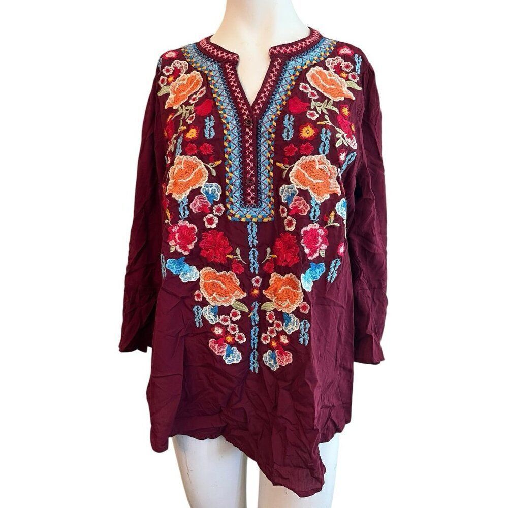 Ladies Medium Floral Embroidered Oversized Button Blouse Mauve Burgundy Boho